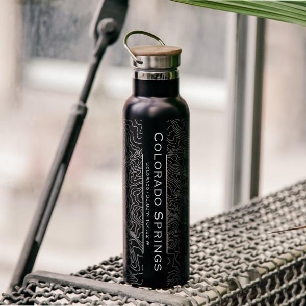Colorado Springs - Colorado Map Bottle with Bamboo Top in Matte Black