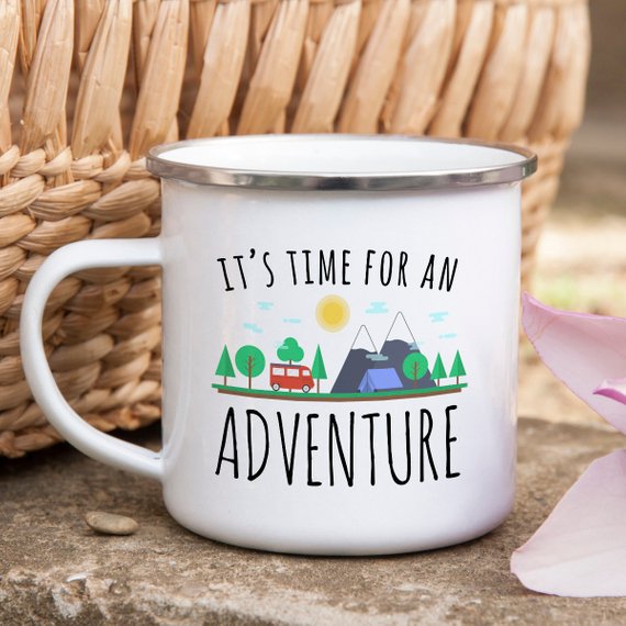Wanderlust Enamel Camping Mug — 10oz Travel Mug for Hikers